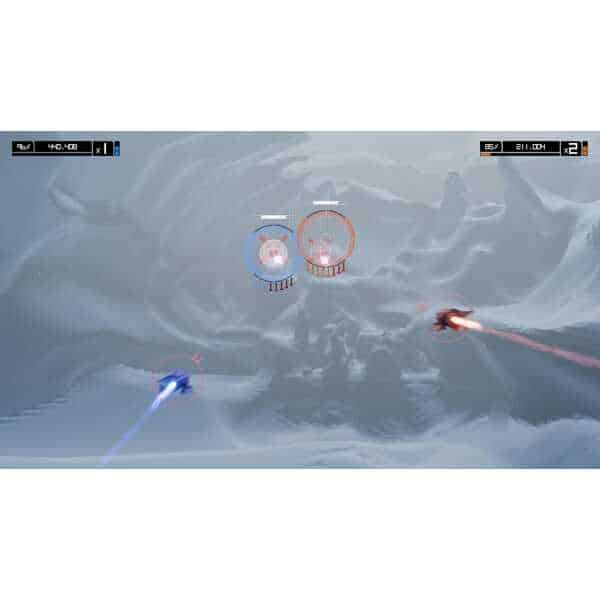 Futuristic snow battle with laser ships in icy landscape.