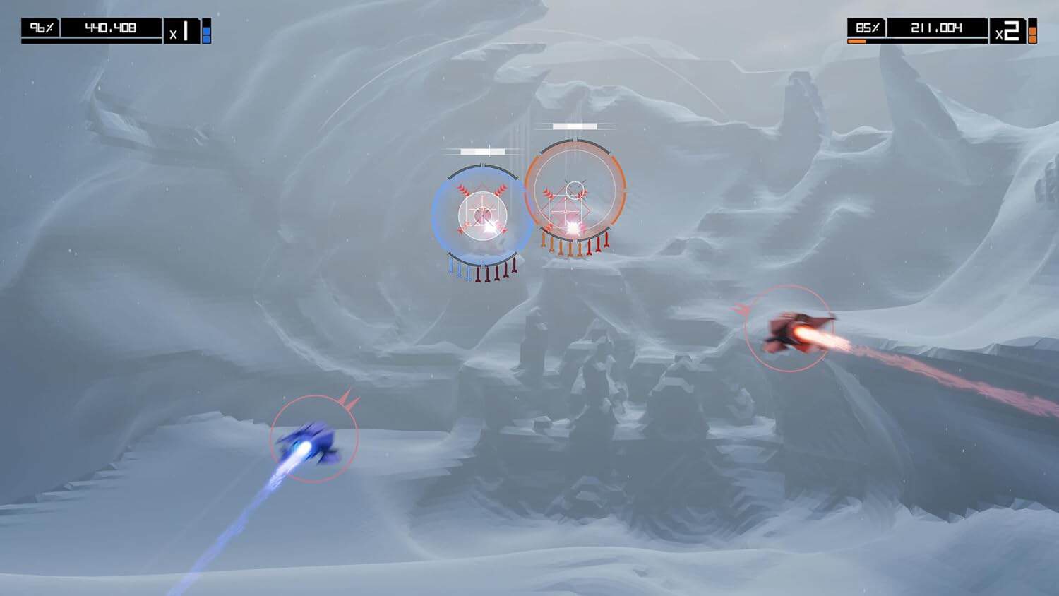 Futuristic snow battle with laser ships in icy landscape.