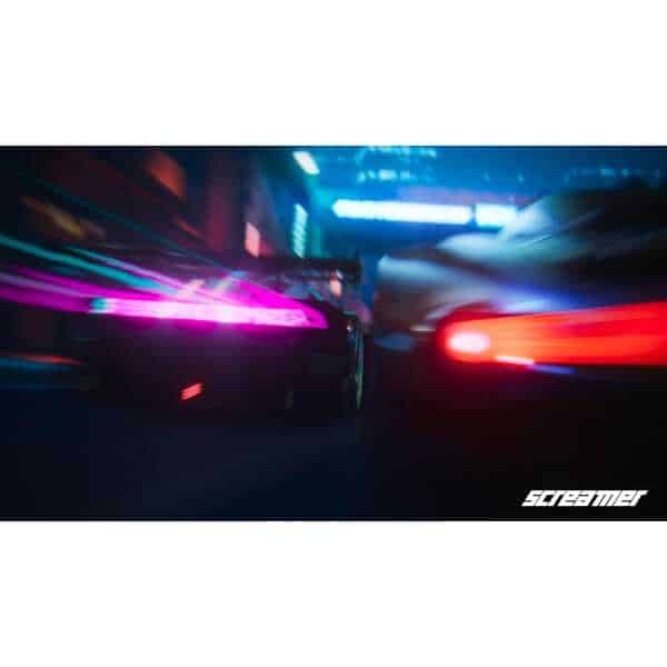 Fast-paced racing game scene with neon lights and blurred cars.