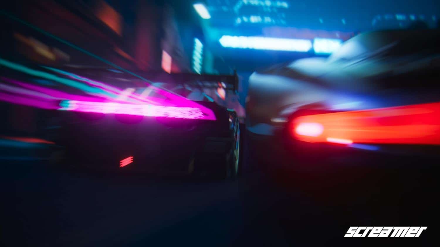 Fast-paced racing game scene with neon lights and blurred cars.