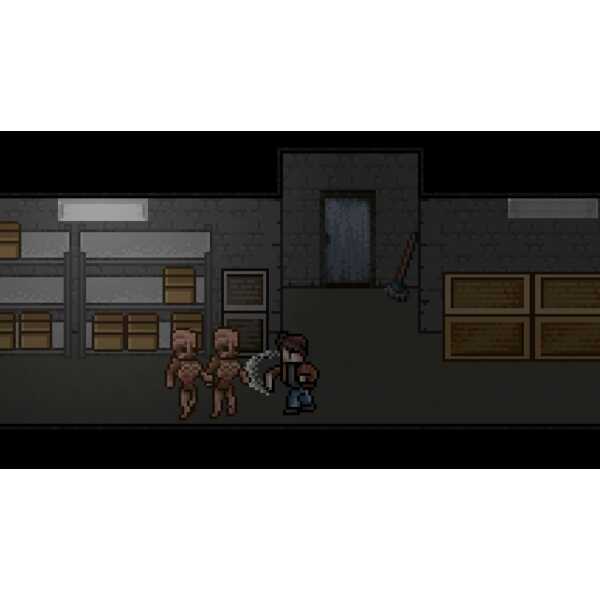 Pixel art scene from Dead of Darkness game showing characters in a dark warehouse.