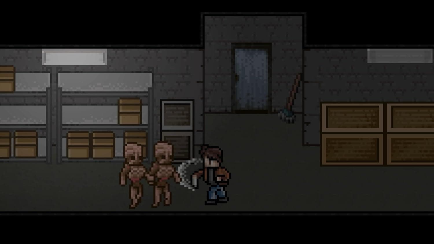 Pixel art scene from Dead of Darkness game showing characters in a dark warehouse.