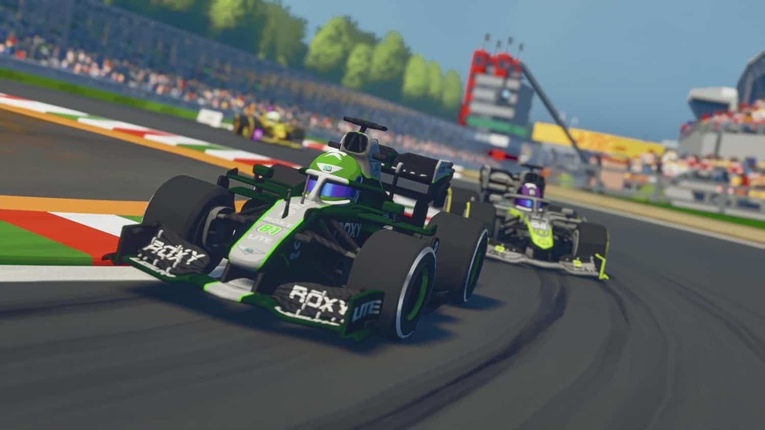 High-speed Formula Legends Legacy Edition racing car on track.