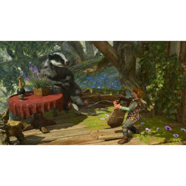Charming fantasy scene with a girl and a giant badger in a lush forest setting.