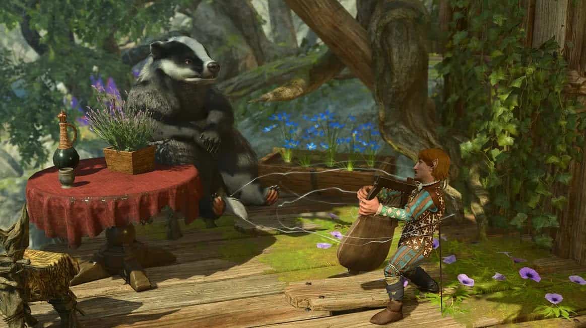 Charming fantasy scene with a girl and a giant badger in a lush forest setting.