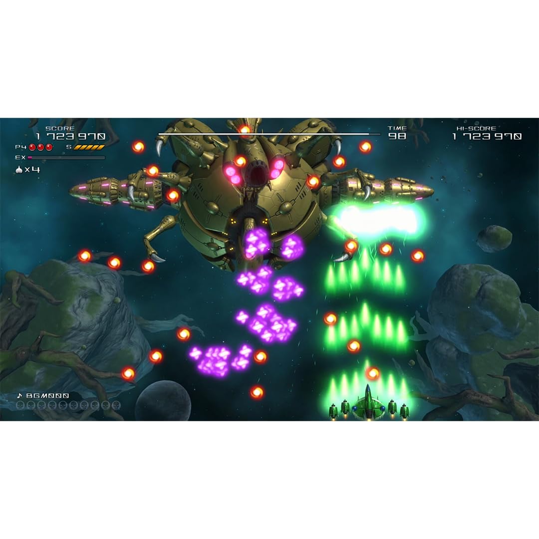 High-energy space shooter game with vibrant alien spaceship and colorful laser attacks.