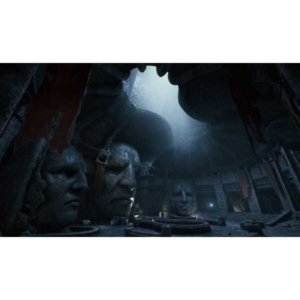 Dark, atmospheric scene with large stone heads and eerie lighting from a video game setting.
