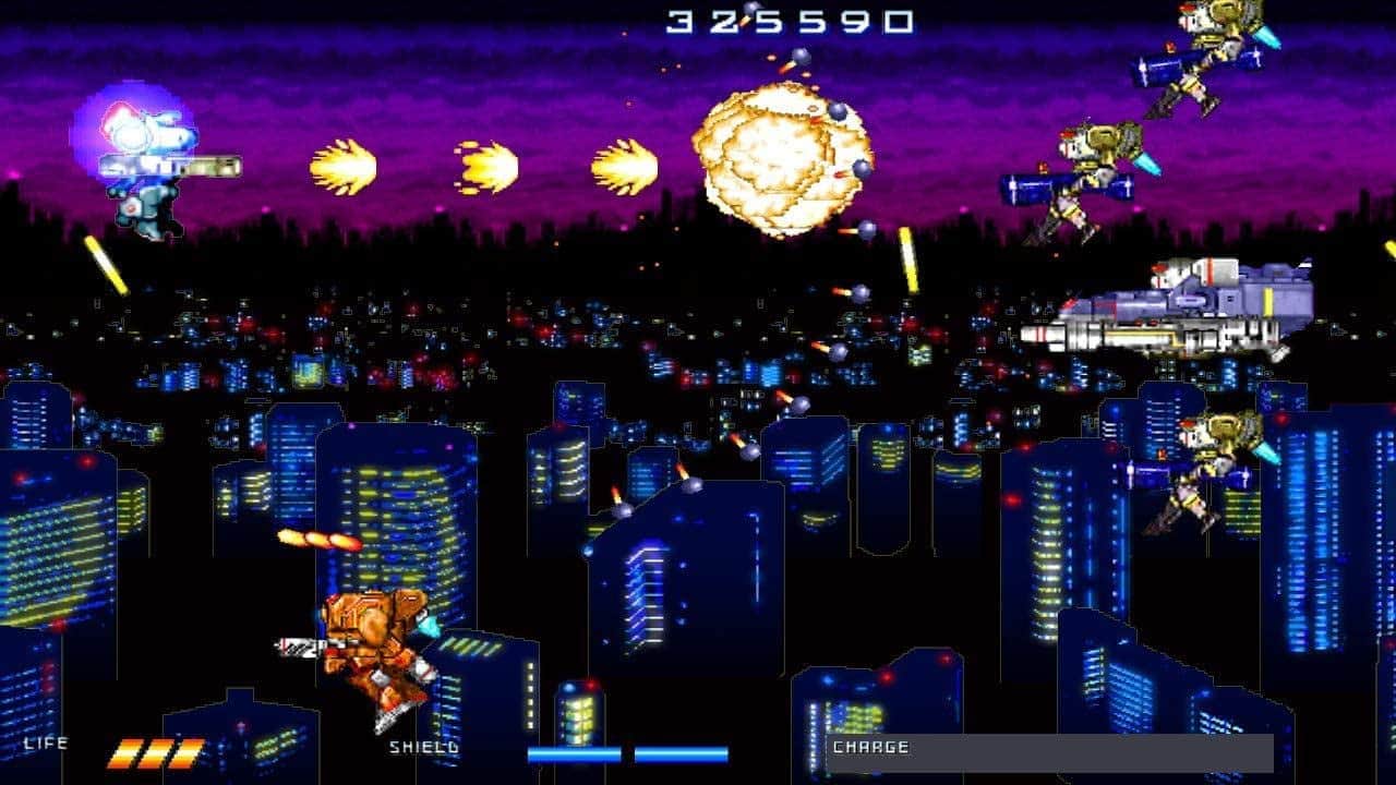 Classic arcade shoot 'em up gameplay with vibrant pixel graphics.