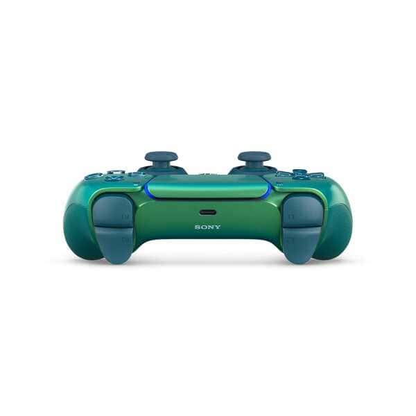 Green and blue Sony PlayStation gaming controller for console gaming.