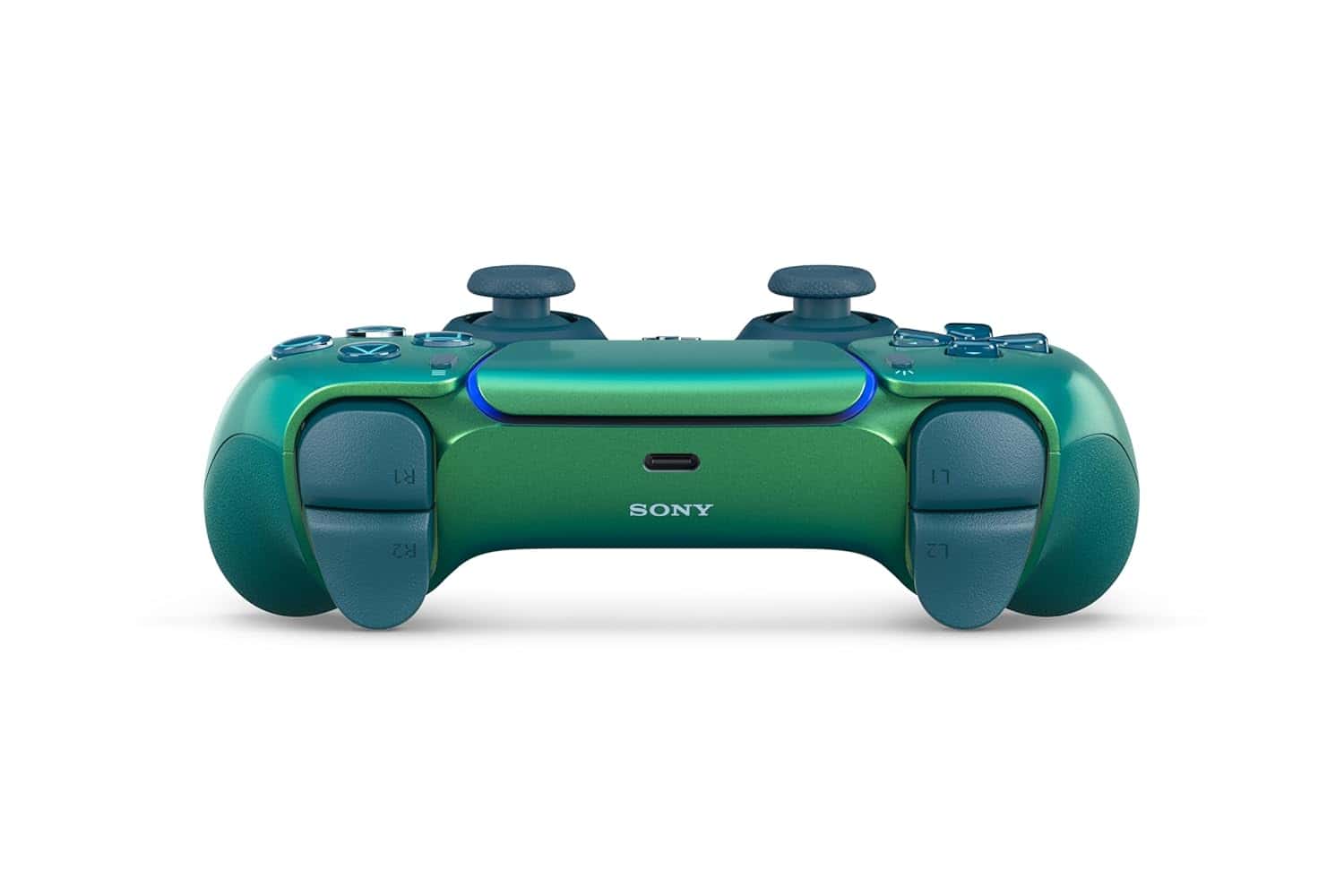 Green and blue Sony PlayStation gaming controller for console gaming.