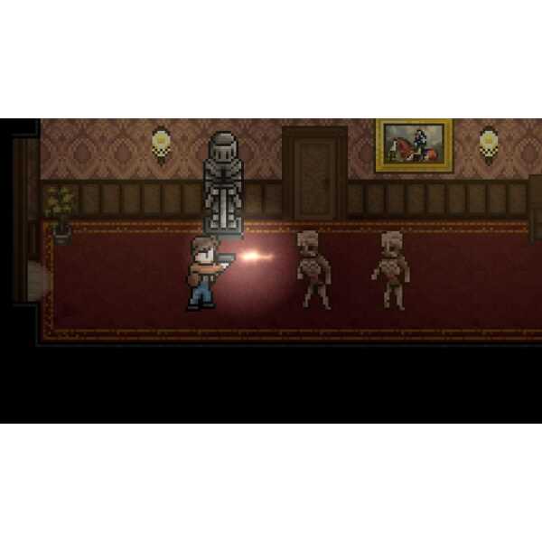 Pixel art scene from Dead of Darkness showing a character fighting skeletons in a haunted house.