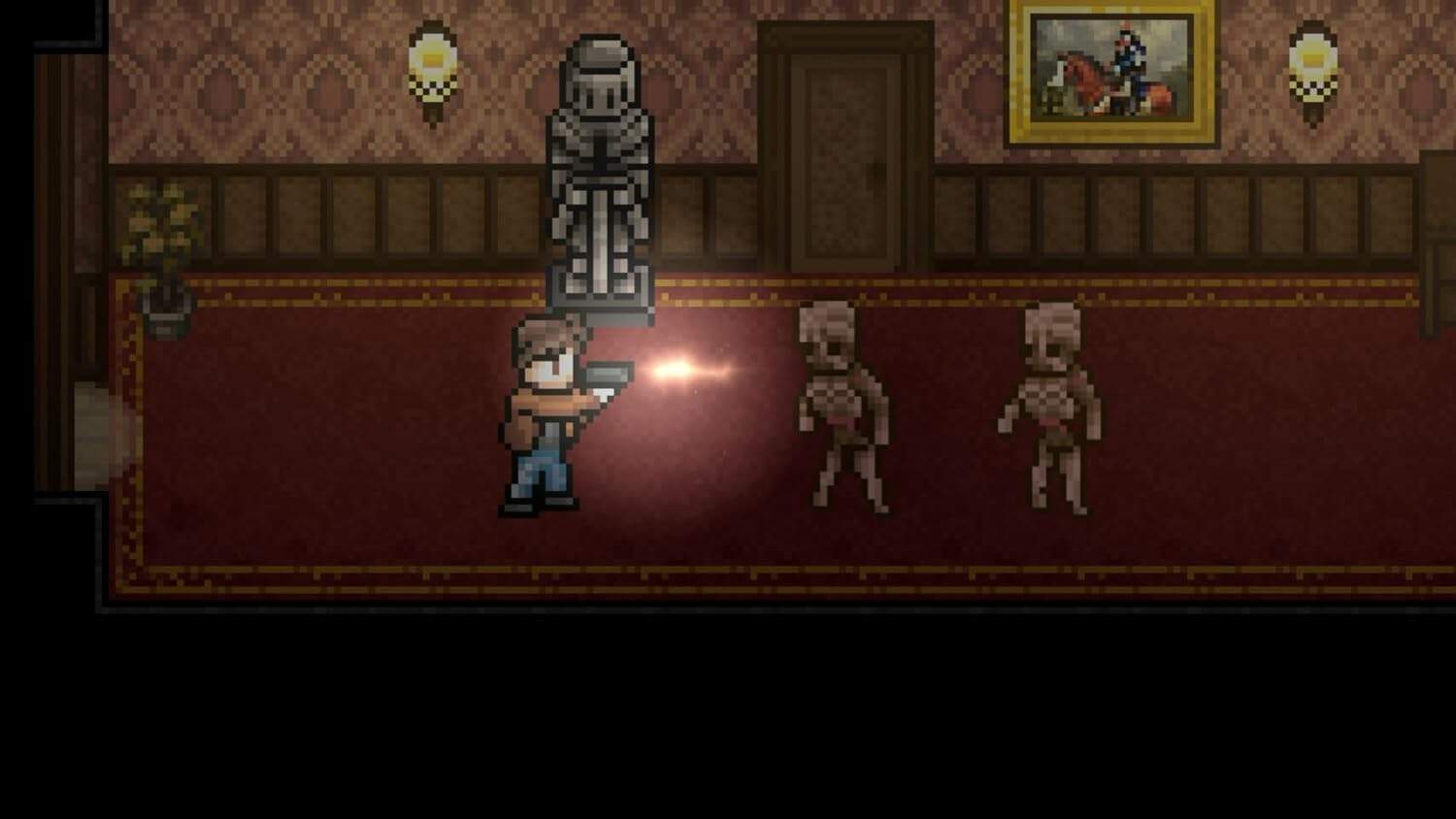 Pixel art scene from Dead of Darkness showing a character fighting skeletons in a haunted house.