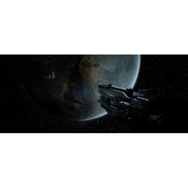 Spaceship from Gameware flying in space with Earth in the background, showcasing advanced gaming tec.
