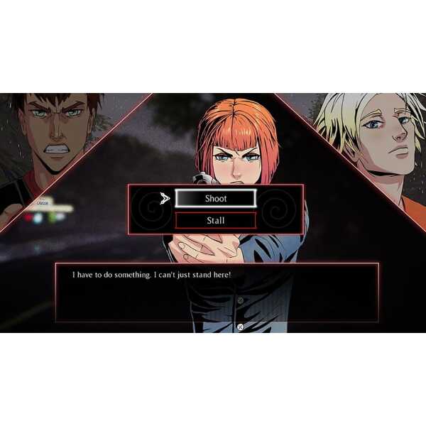 A woman with red hair holding a gun in a dark, intense scene from a video game.
