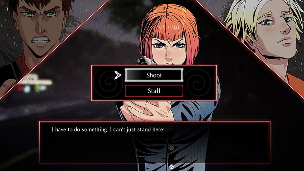 A female character with red hair and a determined expression, holding a gun in a dramatic gaming moment. A woman with red hair holding a gun in a dark, intense scene from a video game.