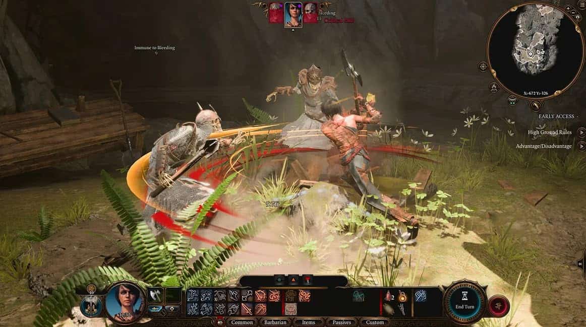 A game character engaged in combat with monsters in a lush outdoor environment.