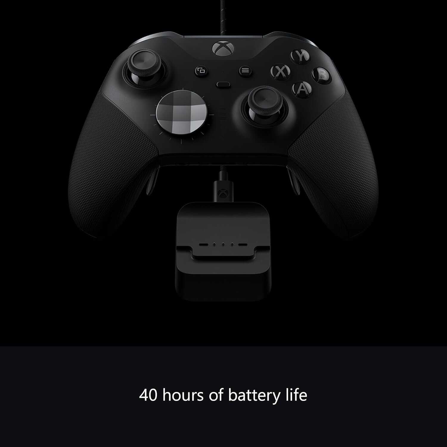 Black wireless gaming controller for Xbox Series X with 40-hour battery life.