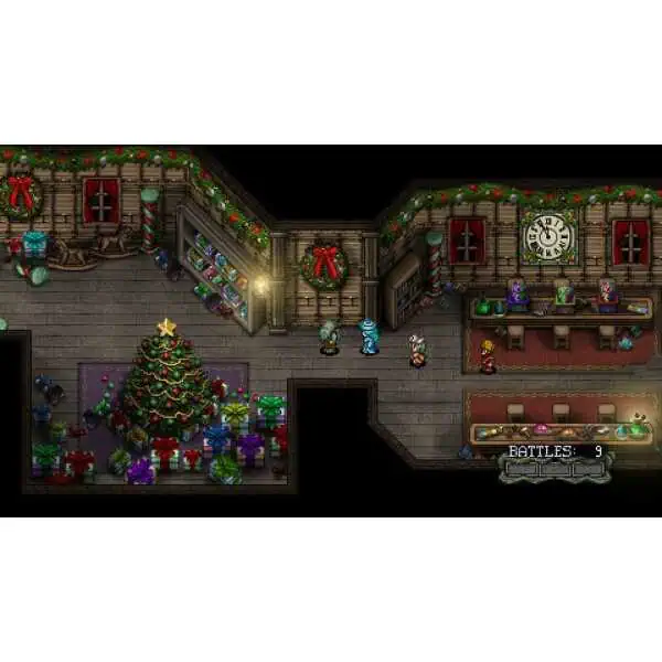 A Christmas-themed pixel art game scene with decorated tree, gifts, and festive characters.