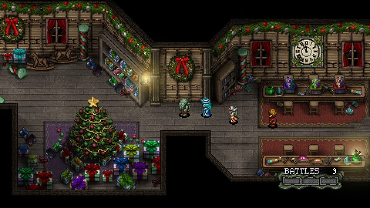 A Christmas-themed pixel art game scene with decorated tree, gifts, and festive characters.