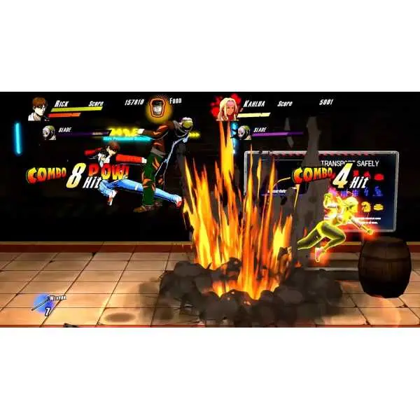 Action-packed scene from Rushing Beat X showing fighters battling near fire.