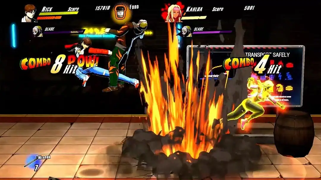 Action-packed scene from Rushing Beat X showing fighters battling near fire.