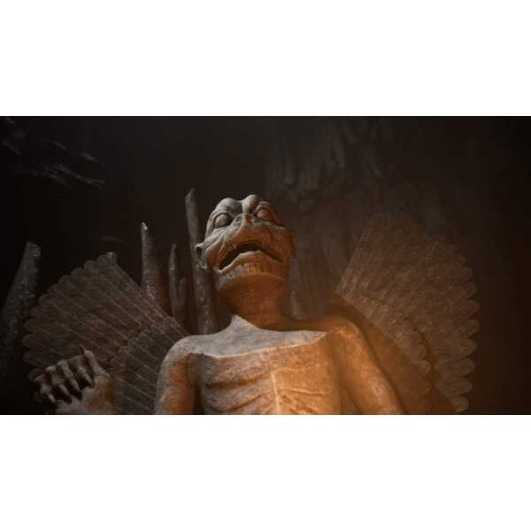 Mysterious stone creature with wings in dark cave setting.