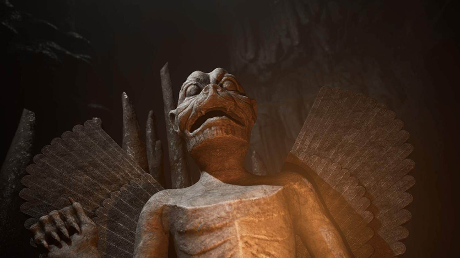 Mysterious stone creature with wings in dark cave setting.