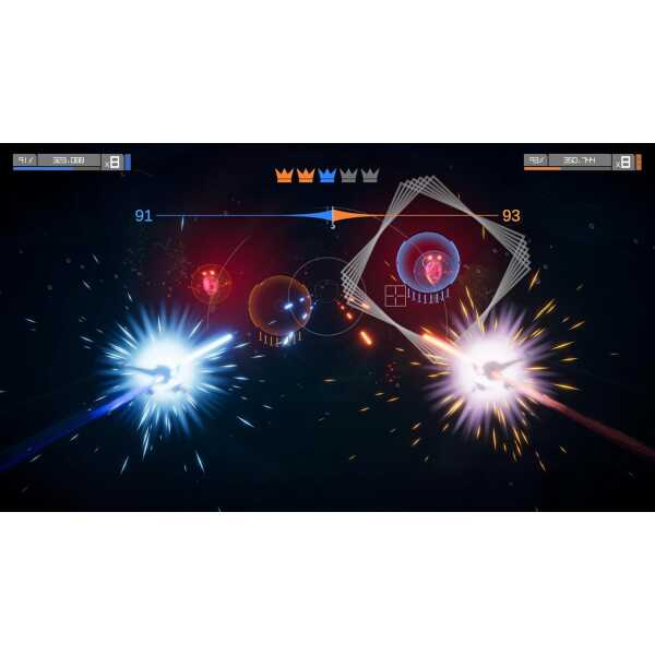 Futuristic space battle with colorful explosions and spaceship combat.
