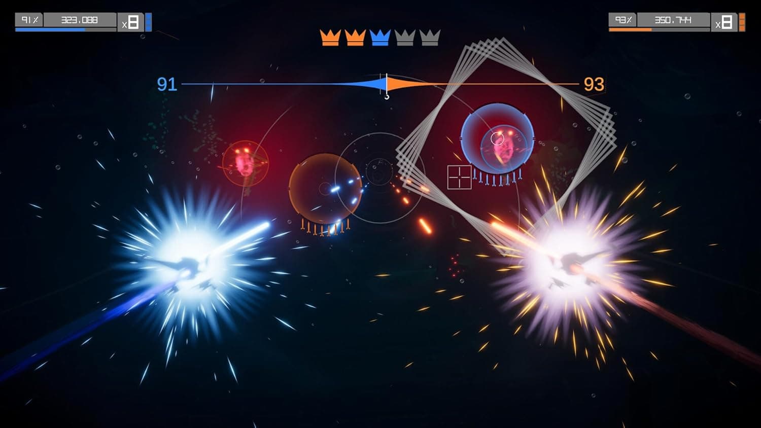 Futuristic space battle with colorful explosions and spaceship combat.