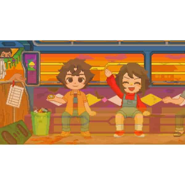 Two animated children sitting happily on a bus, enjoying snacks and fun.