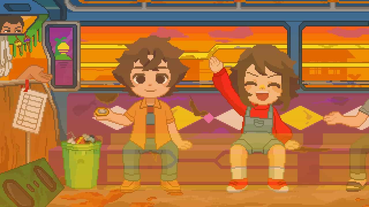 Two animated children sitting happily on a bus, enjoying snacks and fun.