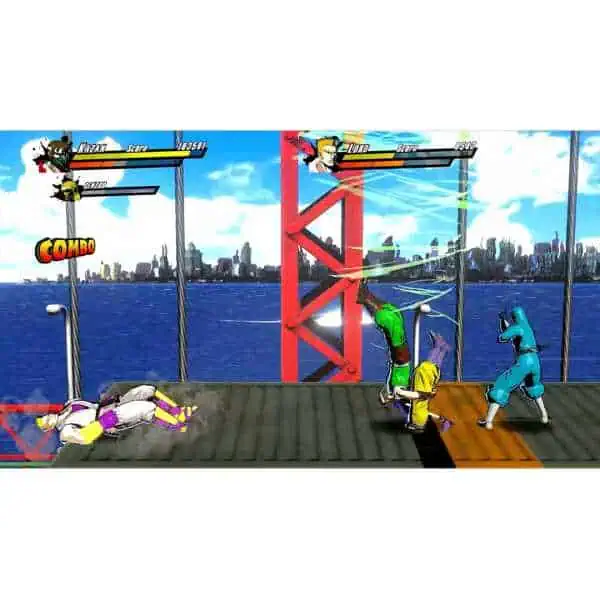 An action-packed scene from Rushing Beat X showcasing intense combat on a city waterfront.