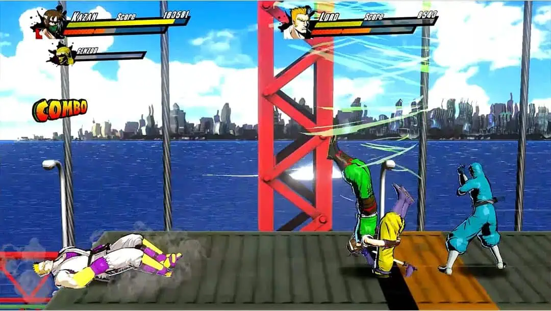An action-packed scene from Rushing Beat X showcasing intense combat on a city waterfront.