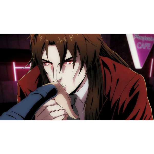 A dark-haired anime character with intense red eyes, wearing a red jacket, in a moody, neon-lit sett.