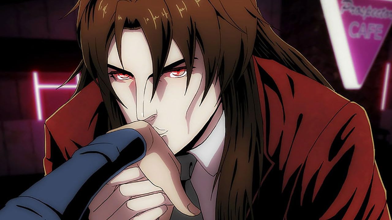 Anime character with red eyes and dark hair in a neon-lit scene, conveying a mysterious or intense mood. A dark-haired anime character with intense red eyes, wearing a red jacket, in a moody, neon-lit sett.