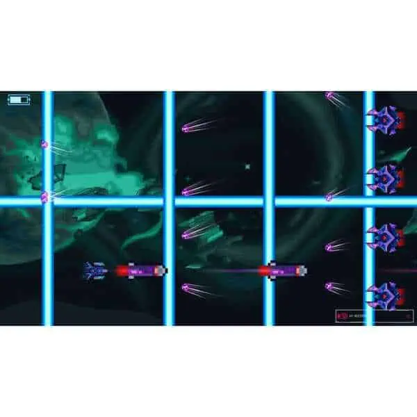 Futuristic space game interface with neon grid and spaceship combat scene.