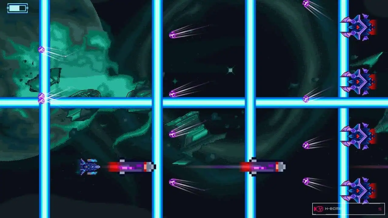 Futuristic space game interface with neon grid and spaceship combat scene.