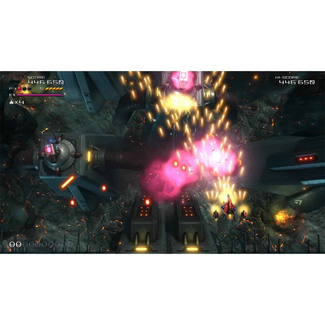 Explosive spaceship battle in a sci-fi video game with vibrant effects and detailed spacecraft visua.