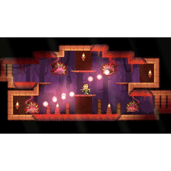 Pixel art scene from Dunjungle game with character and enemies in a jungle setting.