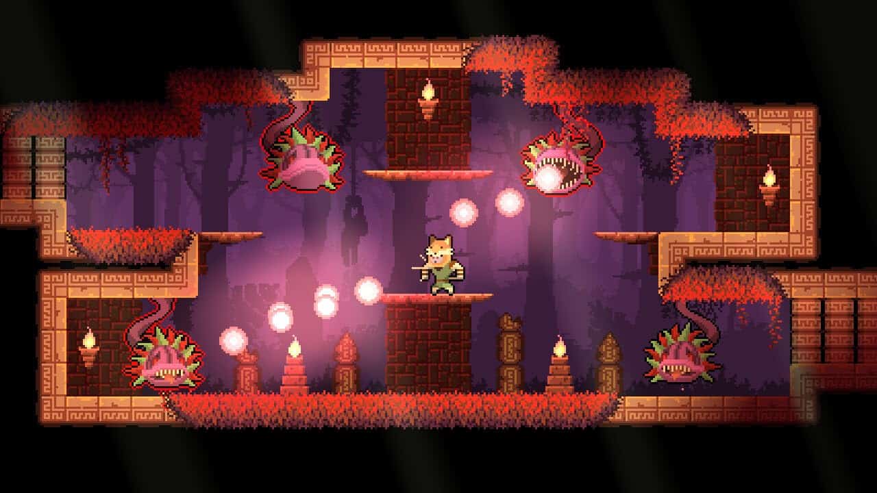 Pixel art scene from Dunjungle game with character and enemies in a jungle setting.