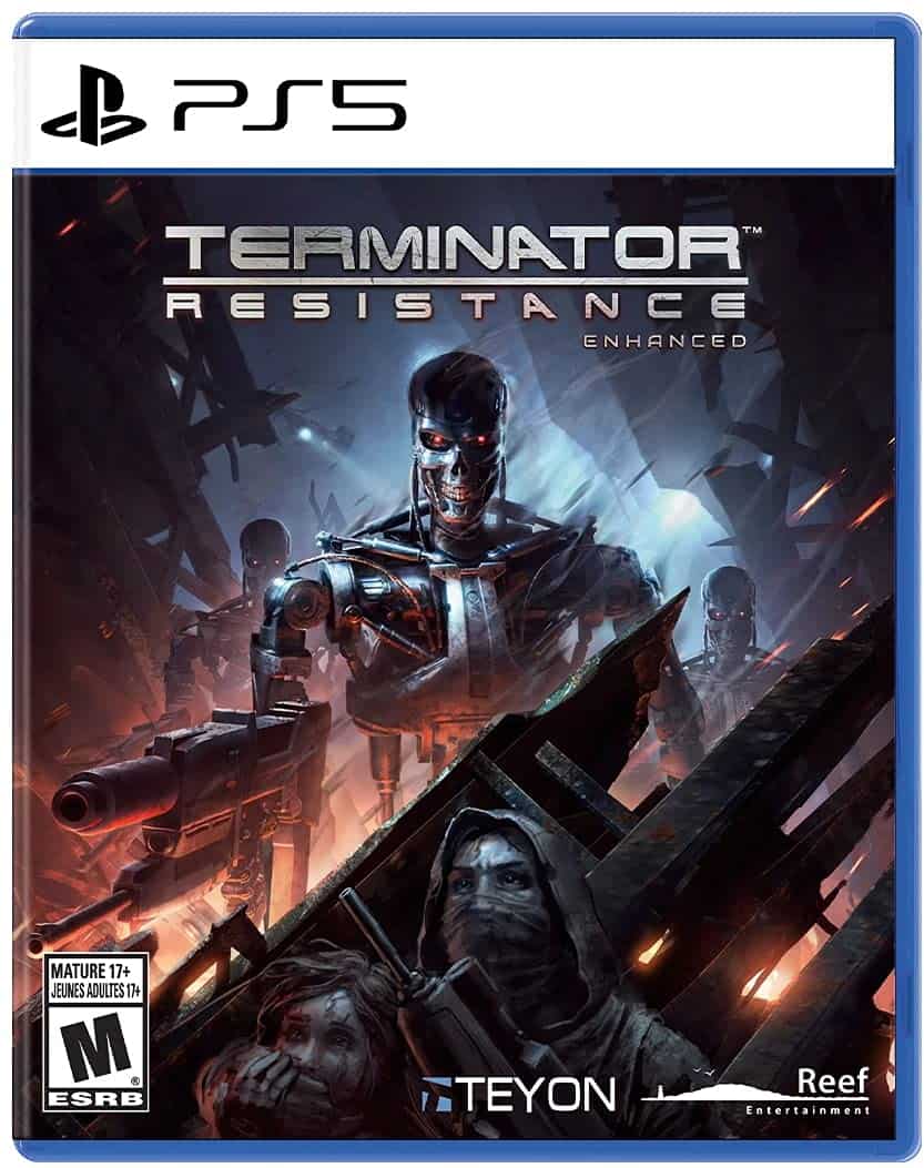 Terminator Resistance PS5 game cover with futuristic robot and human characters.