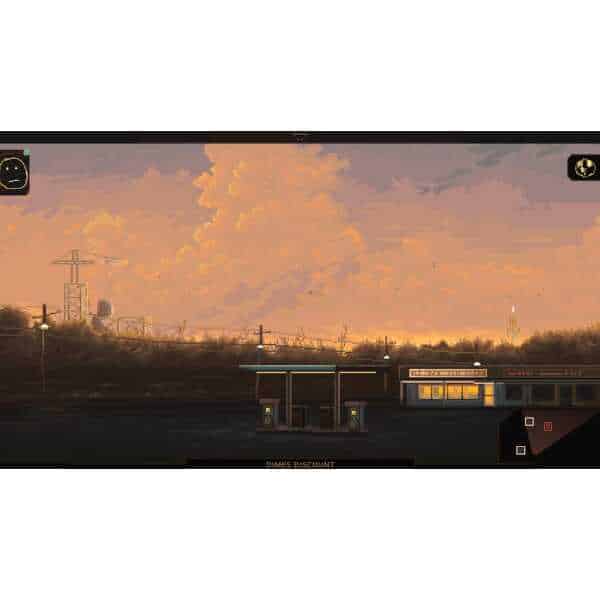 NORCO-inspired game scene with sunset sky and industrial background.
