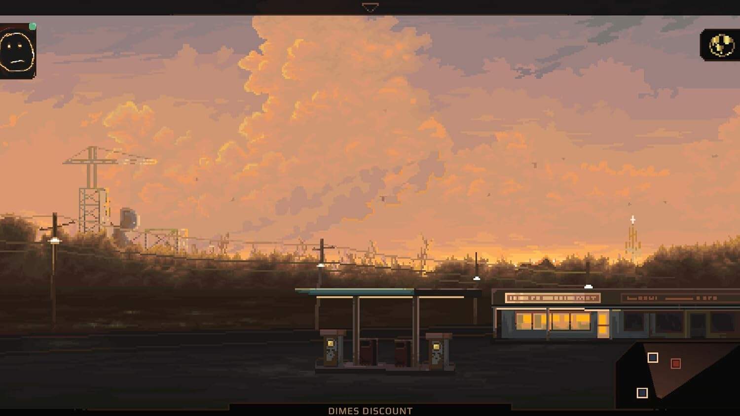 NORCO-inspired game scene with sunset sky and industrial background.