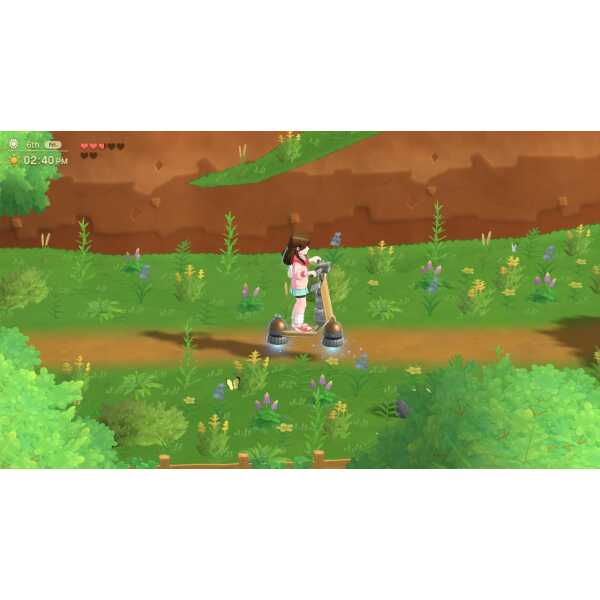 A girl riding a hoverboard through a lush, colorful farm landscape in Harvest Moon game.