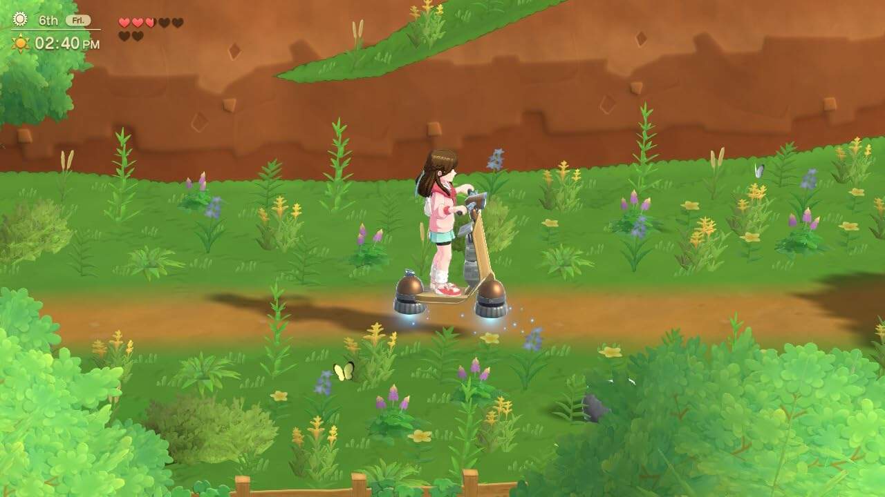A girl riding a hoverboard through a lush, colorful farm landscape in Harvest Moon game.