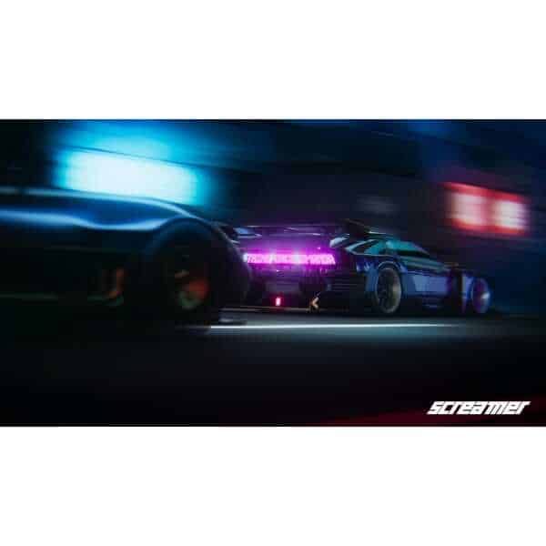 Futuristic racing car with neon lights in motion on a dark track.
