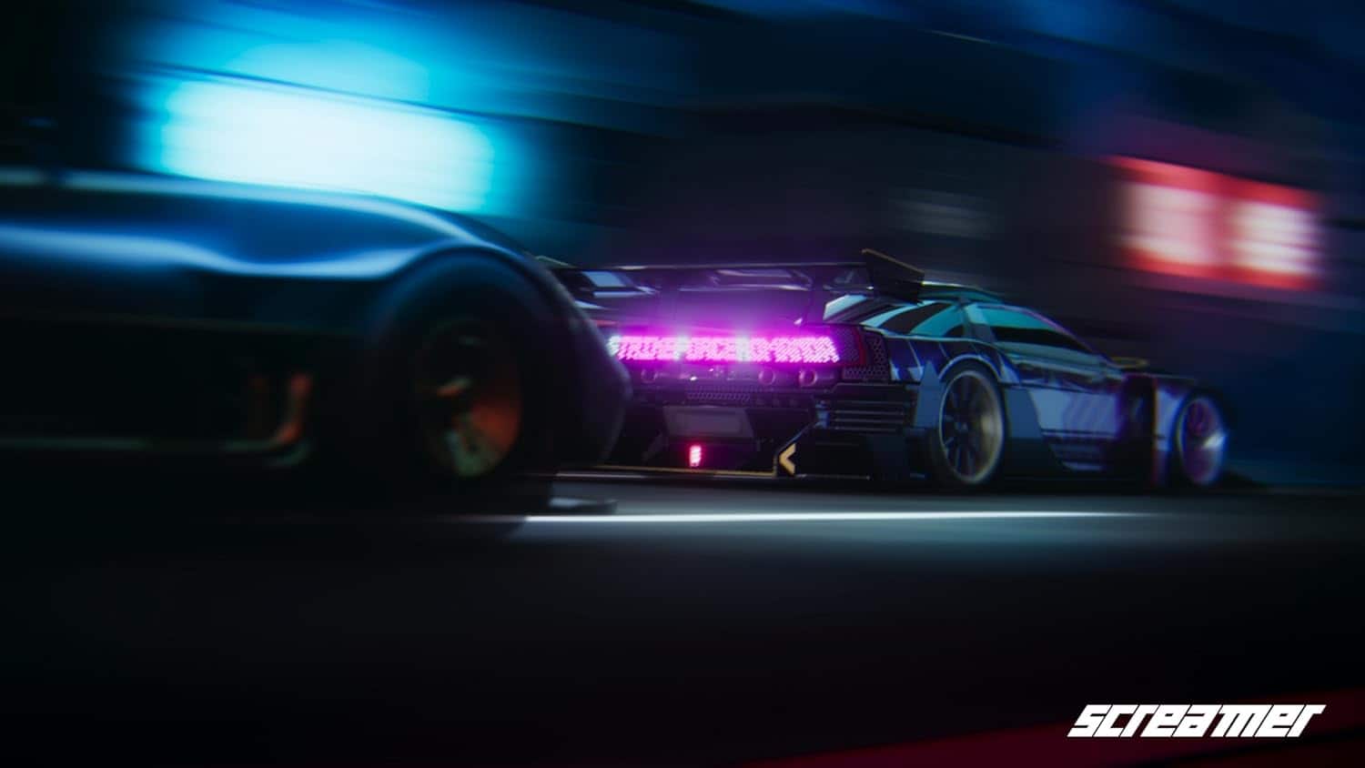 Futuristic racing car with neon lights in motion on a dark track.