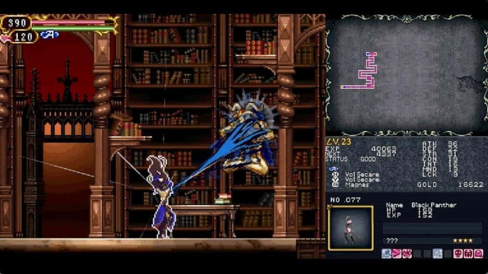 A knight battling a dragon in a medieval library setting from the game Gameware.