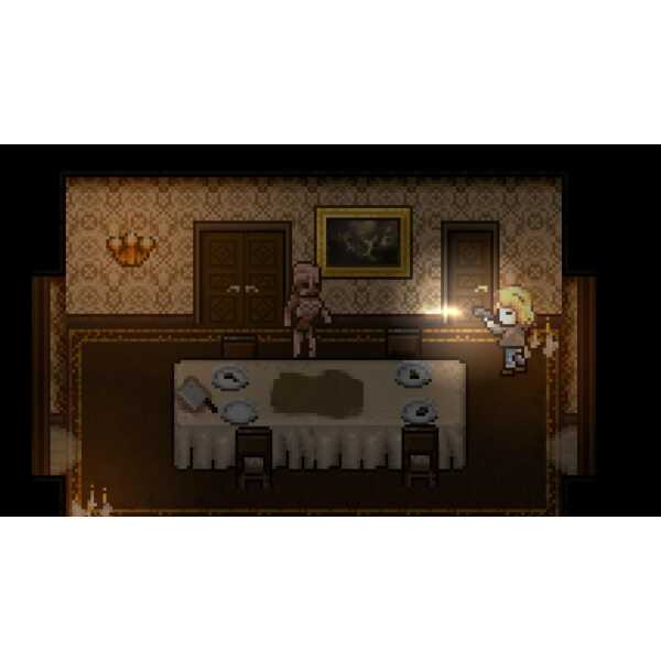Pixel art scene from Dead of Darkness showing a character with a flashlight in a dimly lit room.