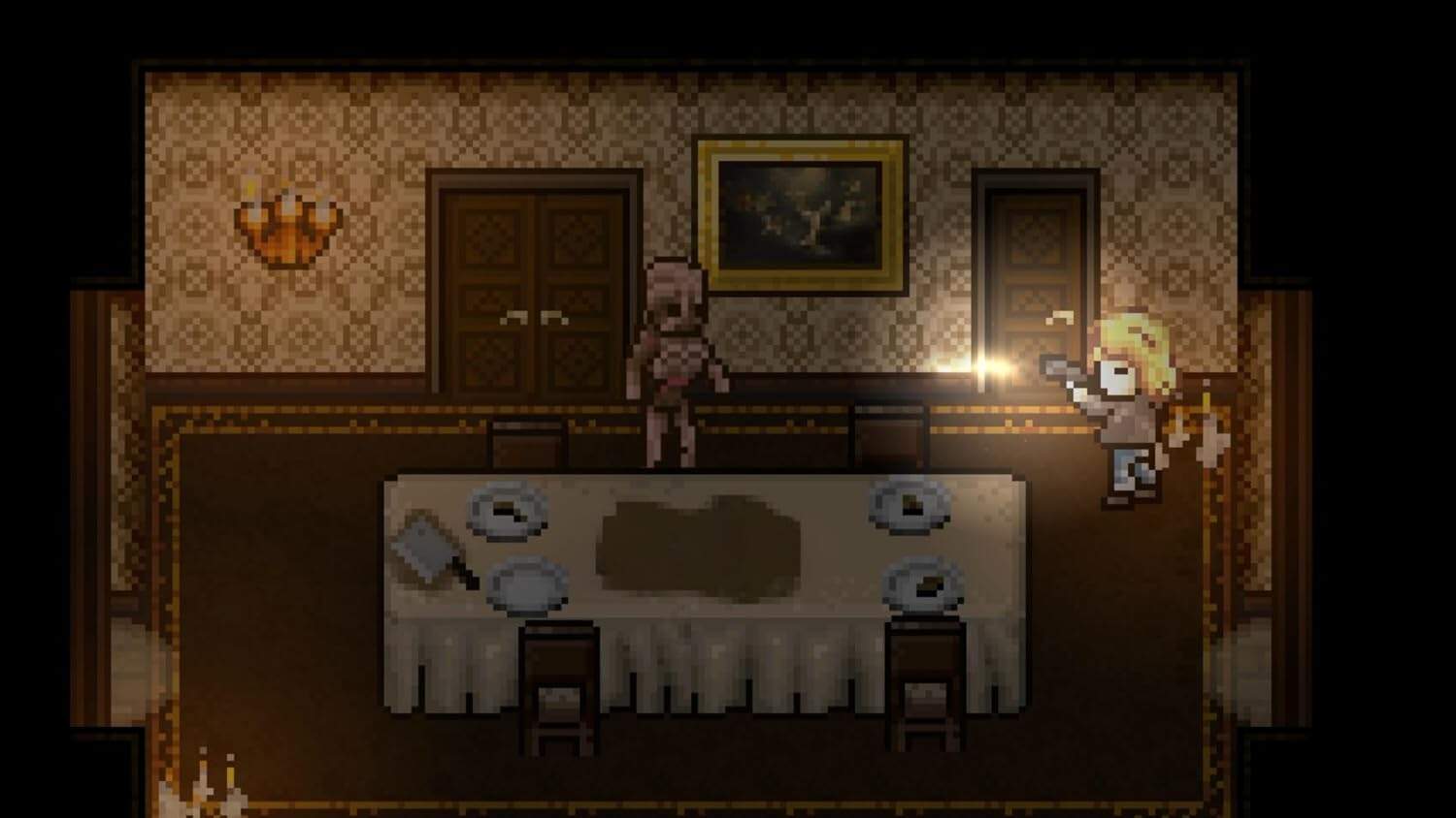 Pixel art scene from Dead of Darkness showing a character with a flashlight in a dimly lit room.